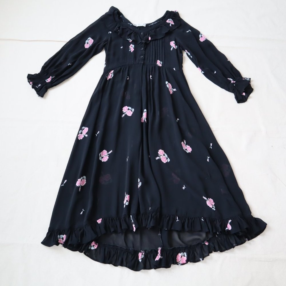 Vintage 70s Albert Nipon Black Floral Sheer Midi Dress, Size Small